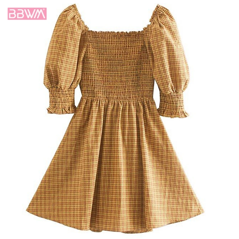 

2019 summer new women's slim body versatile square collar retro plaid puff sleeve women's dress French casual holiday female