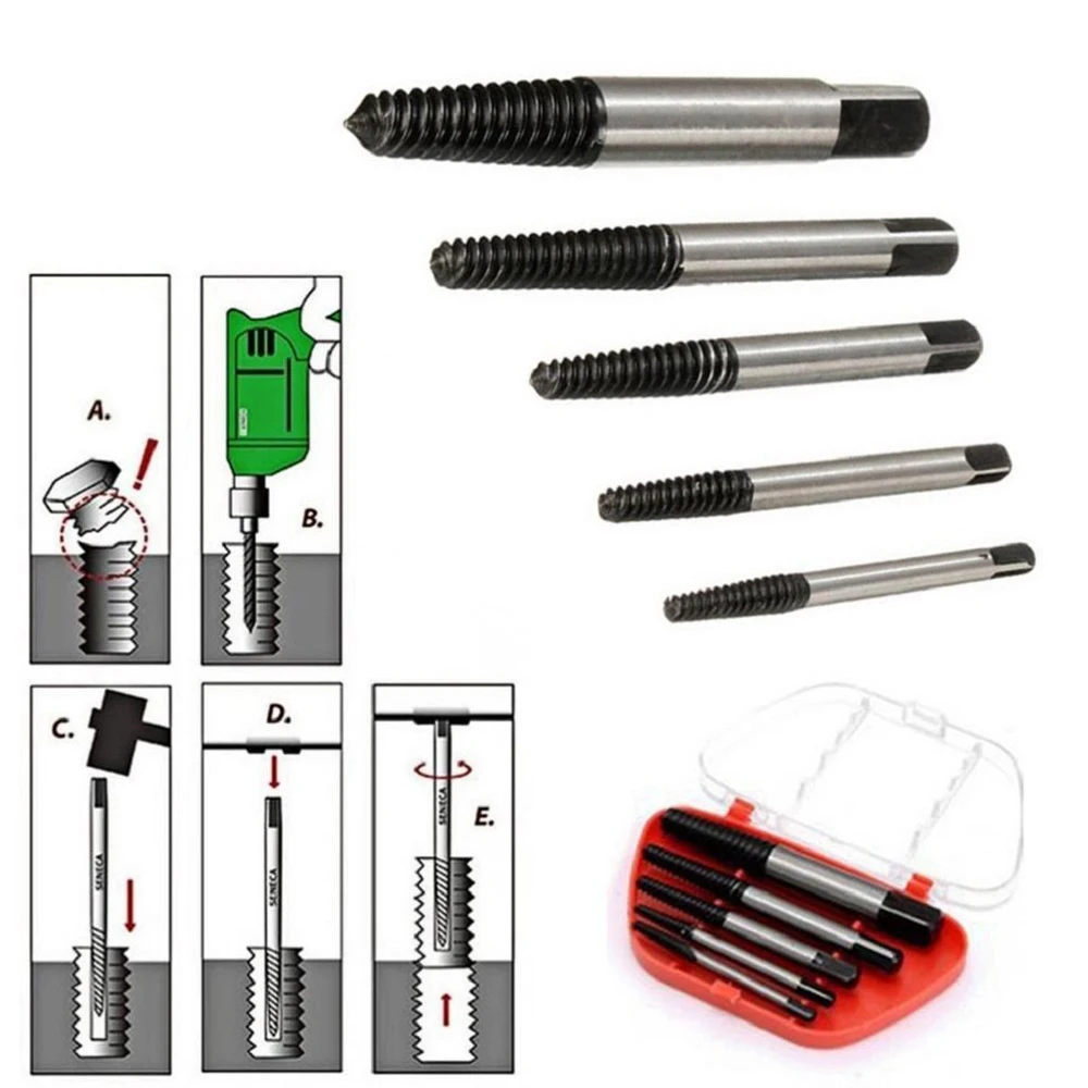 

5Pcs/set Steel Screw Extractor Broken Damaged Bolt Studs Remover Duable Carbon Steel Easy Out Drill Bit Guide for Water Pipe