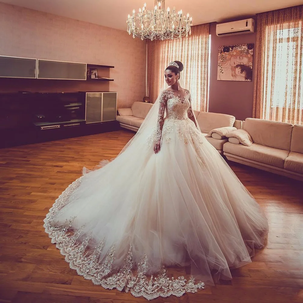 

vestidos de novia Long Sleeves Beads Wedding Gowns Vestido Longo Princess Bridal Dress Appliques Tulle Customed 2020