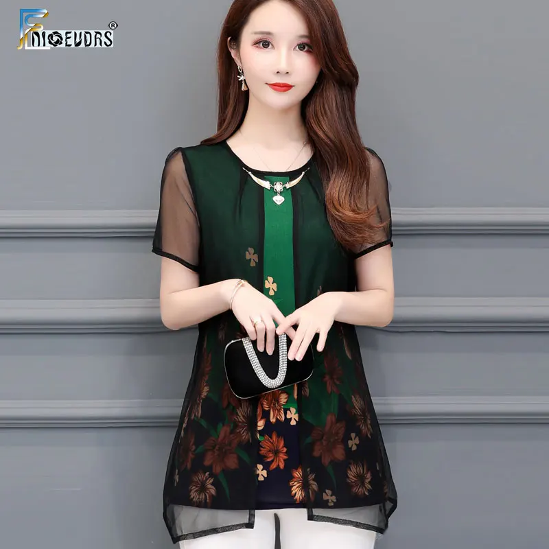 

Elegant Tops Hot Woman Floral Printed Vintage Tops Patchwork Sheer Mesh Fake 2 Pieces Chiffon Blouse Shirt Faux Two Piece J119
