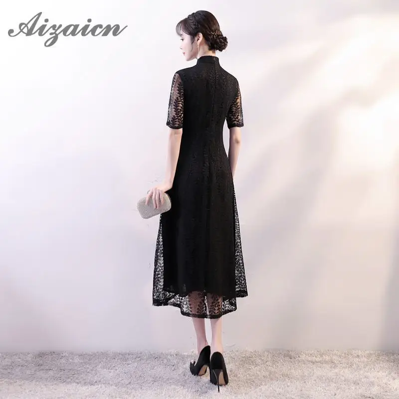 Традиционное черное кружевное сексуальное платье Ao Dai Вьетнам Восточное