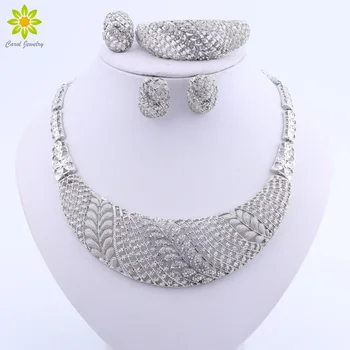 

Jewelry Sets for Women Silver Plated Necklace Set African Beads Jewelry Set Crystal Dubai Leaves Jewelry Sets Nigeria Jewellery