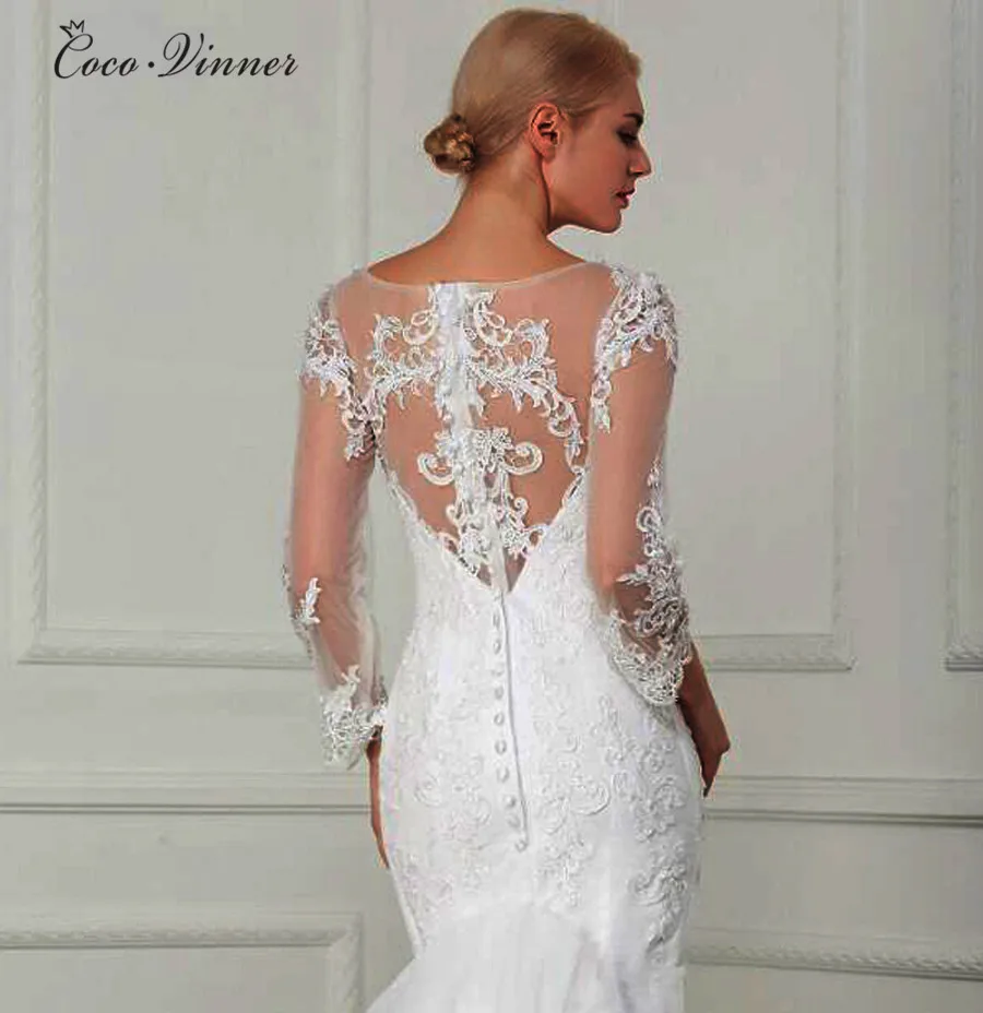 Vestido De Noiva/; платье с длинными рукавами и прозрачной горловиной; на заказ; с жемчугом; с вышивкой; кружевная модная русалка; свадебное платье; W0004