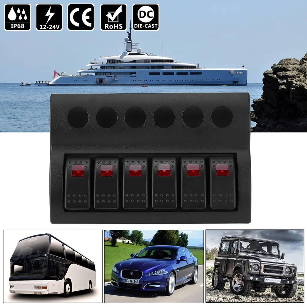 

Waterproof Marine Boat Caravan RV Rocker Switch Panel LED Circuit Breaker 12V 6 Gang Overload Protection Anti-corrosion