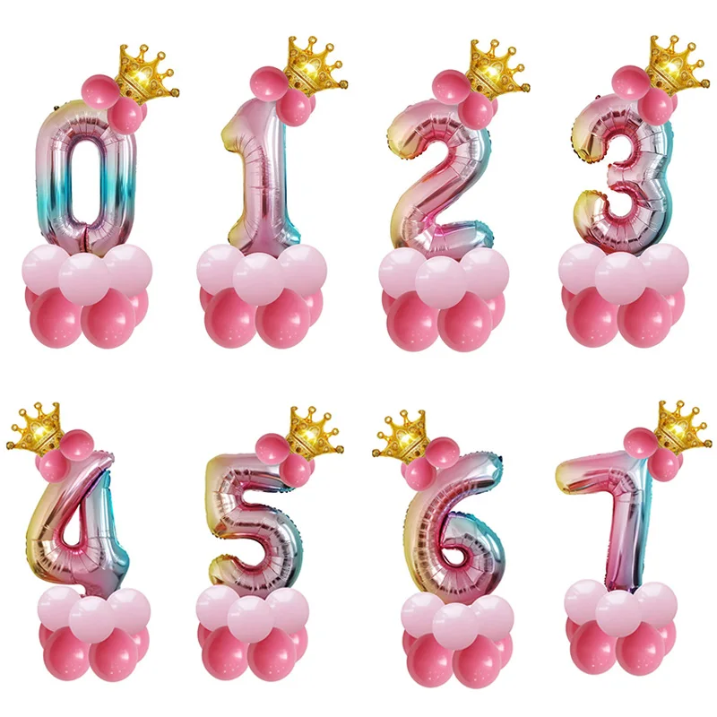 

1Set 32Inch Gradient Rainbow Digital Balloon Birthday Party Baby Shower Decoration Kids Toy Digital Foil Crown Balloon