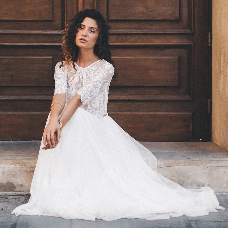LORIE Strand Trouwjurk Twee Stukken Scoop Half Sleeve A-lijn Lace Top Wit Ivoor Floor Lengte Bruid Trouwjurk 2019 LORIE Strand Trouwjurk Twee Stukken Scoop Half Sleeve A-lijn Lace Top Wit Ivoor Floor Lengte Bruid Trouwjurk 2019