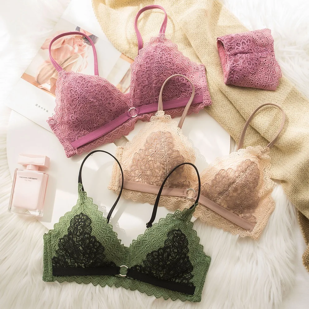 

Wireless full lace thin cup women sexy bra and panty set Bralette bra and panty comfortable seamless young ladies lingerie