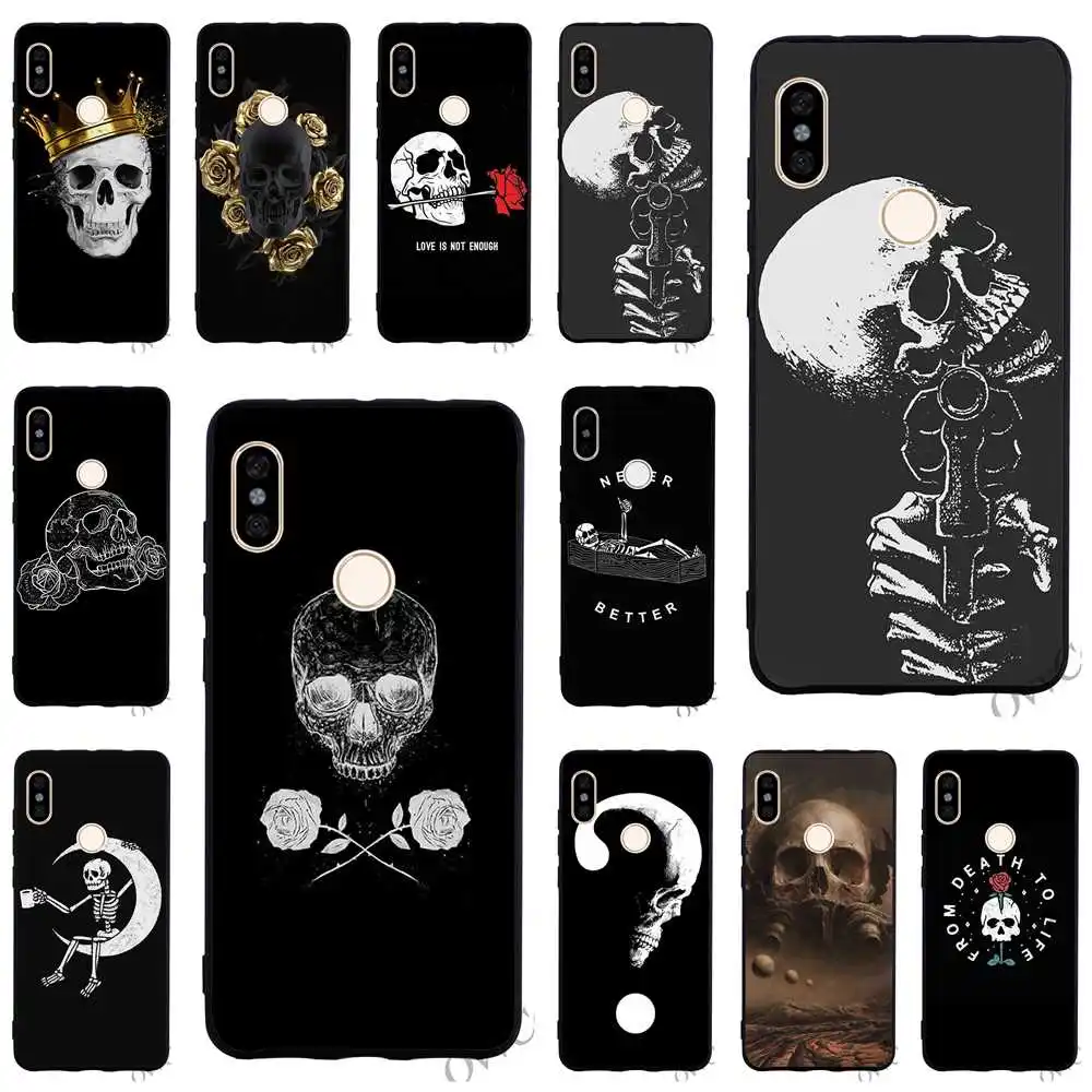 

Shockproof Black Skull White flower Phone Cover for Xiaomi Redmi 4A Case 4X 5 Plus 5A Prime 6A Note 5 6 Pro Skin