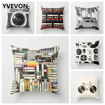 

Vintage Camera Cushion Cotton Cover Retro Bicycle Throw Linen Pillow Case Vinvl Records Tape Sofa Couch Seating Bag 45cm 18in