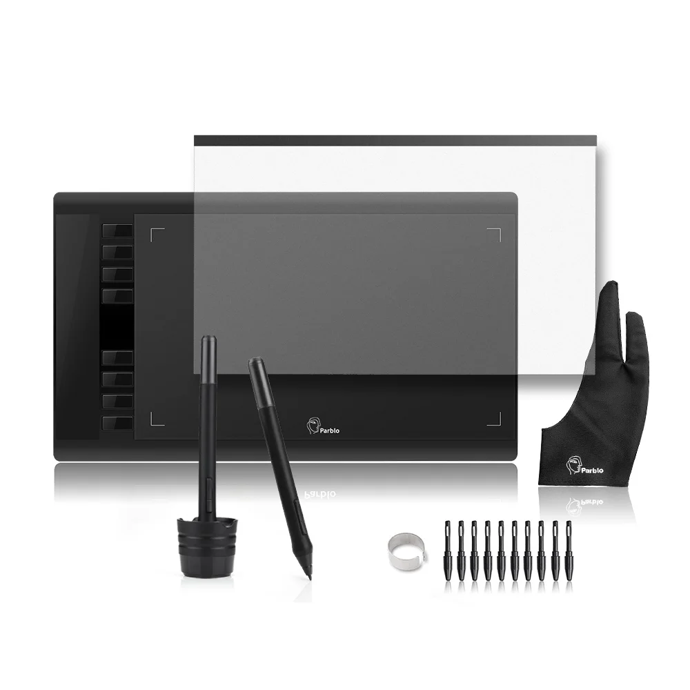 2 Pens Parblo A610 Graphics Drawing Digital Tablet Kit Transparent Protective Film Two Finger Glove 10