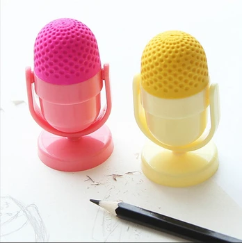 

24 pcs/lot Kawaii mini cute rubber eraser Creative Microphone With pencil Sharpener material escolar For kids Gift