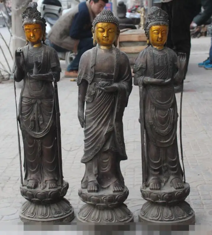 

S06760 29"Old Antique Bronze Gilt Western 3 Gods Sakyamuni Kwan-yin Buddha Statue Set