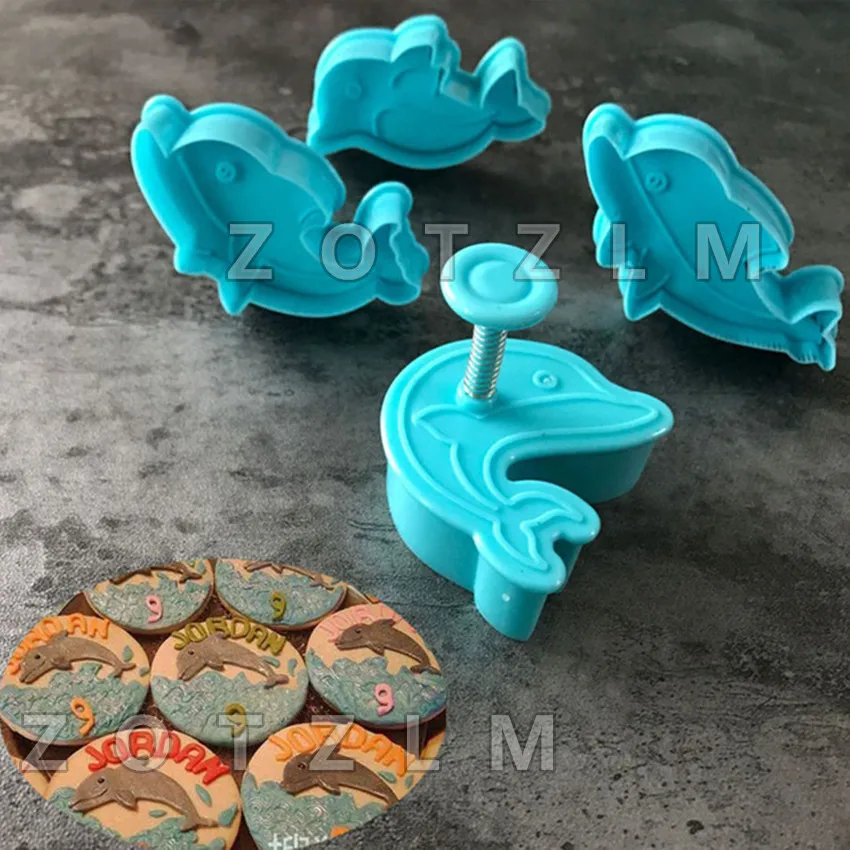 

4pcs/lot Cartoon Dolphin Shape Plastic Cookie Cutters Fondant Biscuit Mold Marine Animal Series Cake Decorating Tools SLP171