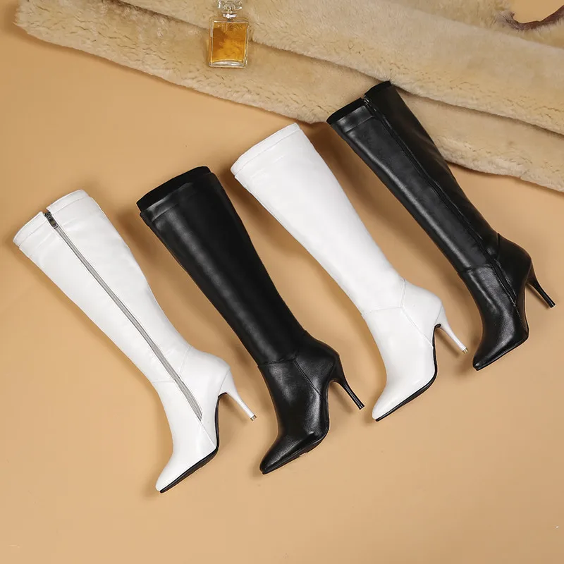 YMECHIC/белые и черные сапоги на тонком высоком каблуке; зимние сапоги; женская обувь с острым носком размера плюс; сапоги до колена В рыцарском стиле; Botas;