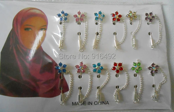 Hijab Pins Brooches Wholesale 12PCS Flower Crystal Muslim 