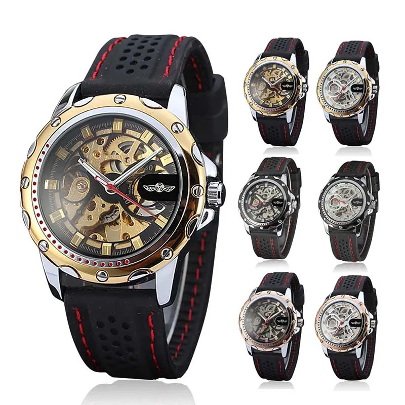 

Luxury watch men Hollow Engraving carving Alloy Dial Silicon Strap automatic mechanical watches montre homme Wristwatches