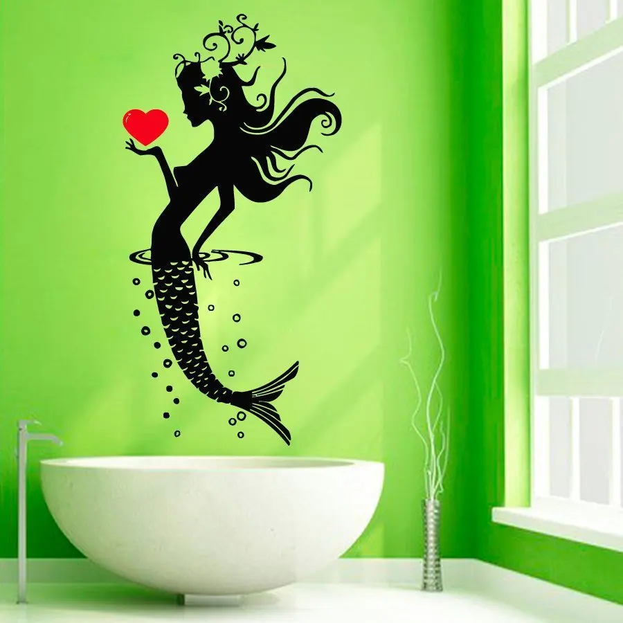 Наклейка на стену виниловая красота наклейка с русалкой морская девушка с сердцем ванная комната Гостиная Спальня Искусство спа Настенный декор Детская Фреска WW-336