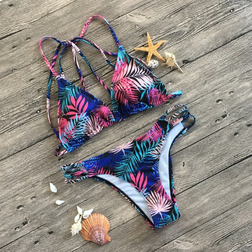 

leaf Bikini 2019 Mujer Coconut Tree Print Swimwear Women Sexy Low Waist Swimsuit Maillot De Bain Femme Push Up Bathing Suit