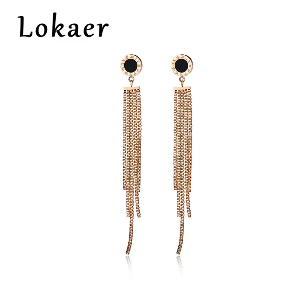 

Lokaer New Arrive Rose Gold Color Black classic round Roman numerals tassels Titanium Steel Women's Earrings Gift E170640366R