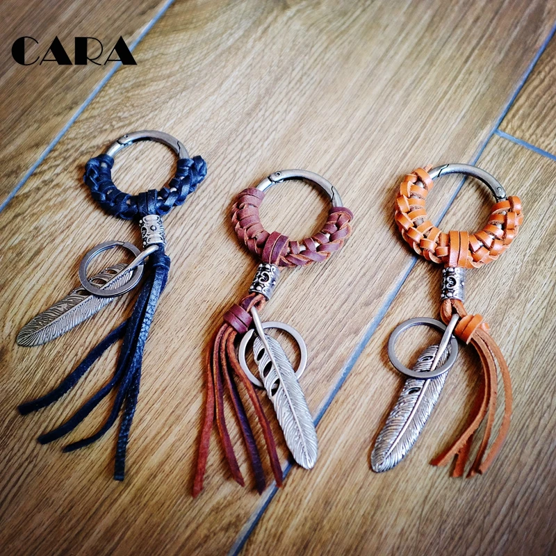 

New Antique silver plated feather charm key ring genuine cow leather charms key rings chains for men women fashion CARA0289