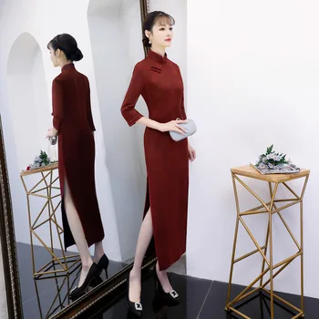 

New Autumn Chinese Traditional Women Suede Long Qipao Mandarin Collar Cheongsam Novelty Chinese Formal Dress Size M - XXXXL