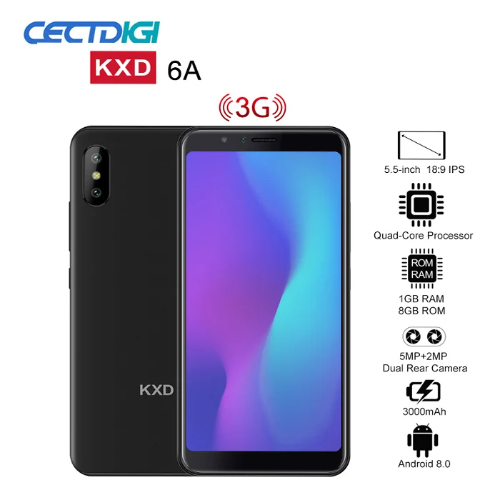 

KXD E&L 6A Android 8.0 Quad Core 1GB RAM 8GB ROM 3000mAh Mobile Phone 5.5'' 5MP+2MP Face Unlock 3G WCDMA Smartphone