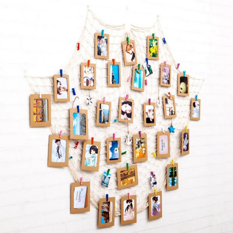 DIY Hanging Picture Photo Frame Display with Clip and Fishing Net Rope Wall Decor Props Wall Decor Photo Frame Set