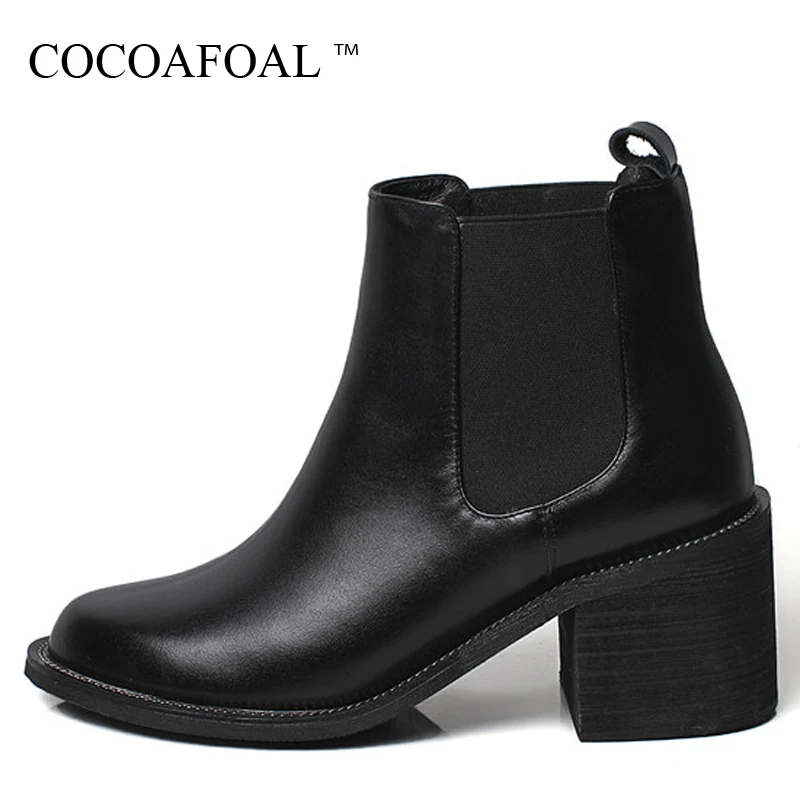 

COCOAFOAL Woman Genuine Leather Chelsea Boots Autumn Winter High Heel Shoes Round Toe Black Fashion Sexy Chain Ankle Boots 2018