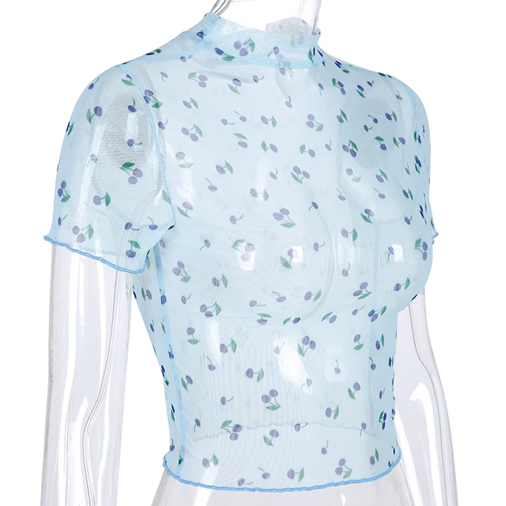 

2019 Summer Cotton Short Sleeve Cherry Print Transparent Mesh Top Female See Through Tee