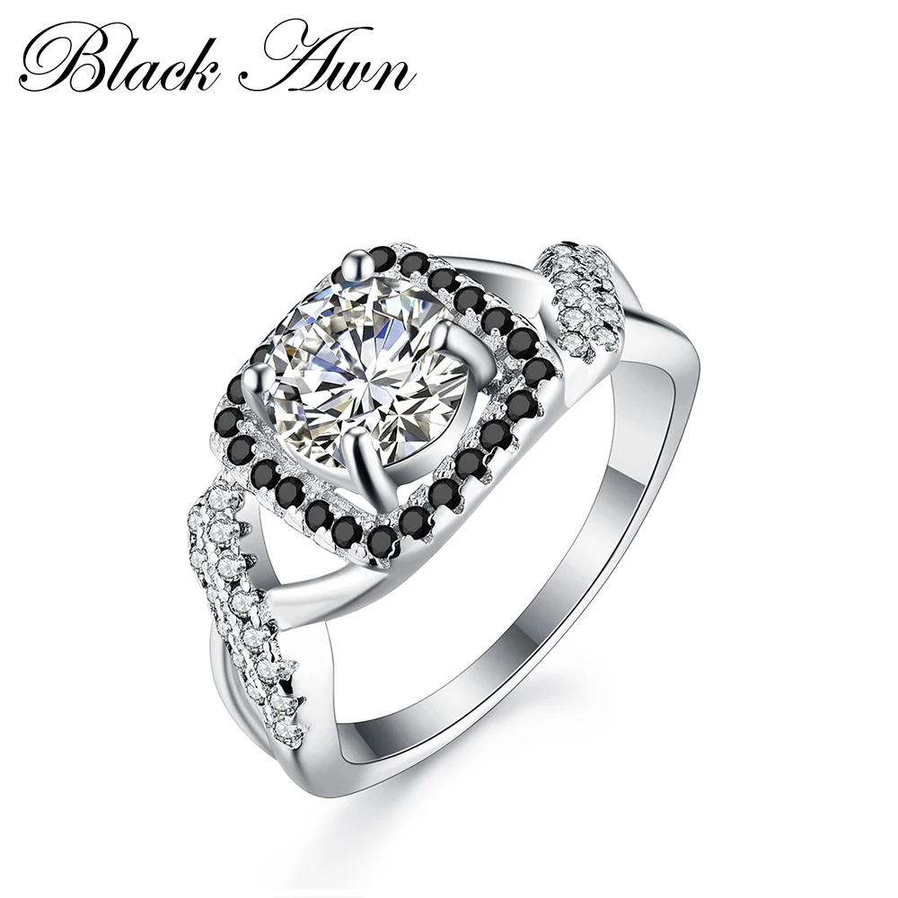 

[BLACK AWN] Genuine 100% 925 Sterling Silver Jewelry Wedding Rings for Women Black&White Stone Bijoux C242