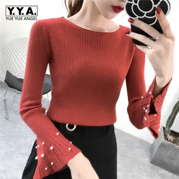 

New Autumn Casual Flare Sleeve Knitted Ladies Sweater O-Neck Beading Harajuku Womens Pullover Full Sleeve Slim Fit Female Jumper
