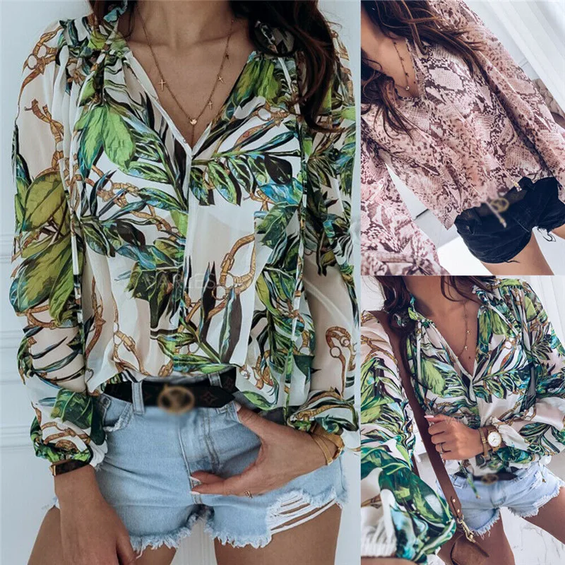 

2019 Fashion Womens Blouses Printed Snakeskin Floral V-Neck Shirts Ladies Casual Long Sleeve Shirts Loose Chiffon Women Shirts