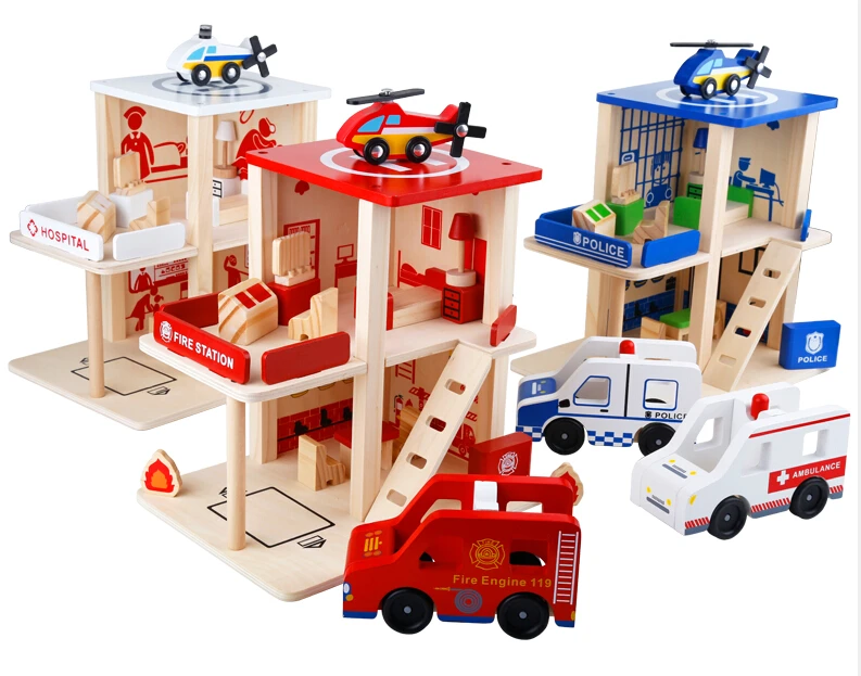 fire station wooden toy set