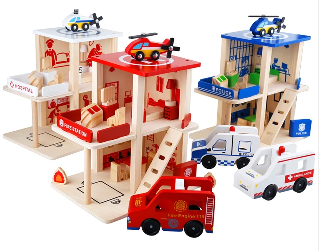 Wooden children's gift playsets Police/ Fire station/ hospital boy gift