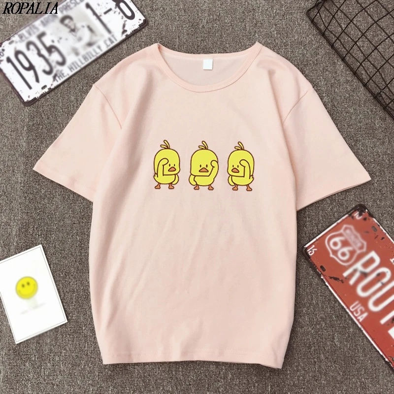 

Women Short Sleeve Tshirt Black Round Neck T Shirts Cartoon Yellow Ducks Print T-Shirt Femme Girl Tee Top 2019