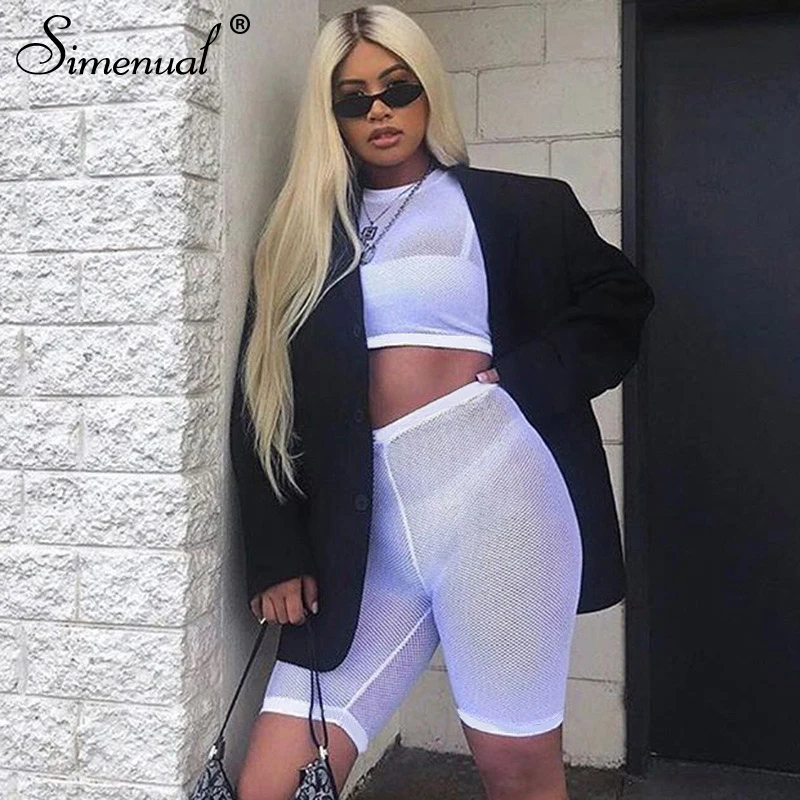 Simenual Mesh Casual Transparent Outfits Women Athleisure 2 Piece Set Solid Crop Top And Biker Shorts Sets Streetwear Summer New