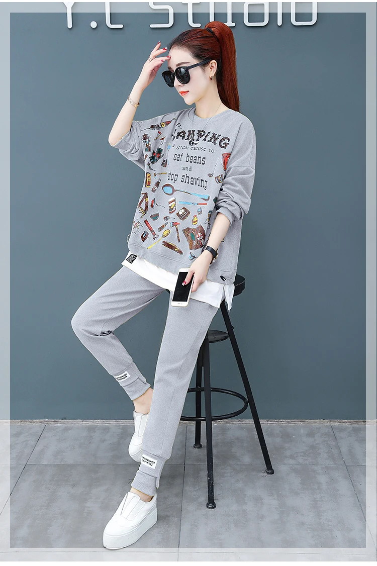 Женская одежда комплект одежды из двух предметов Топ и штаны весенне-осенние женские спортивные костюмы корейский стиль размера плюс модная одежда для отдыха