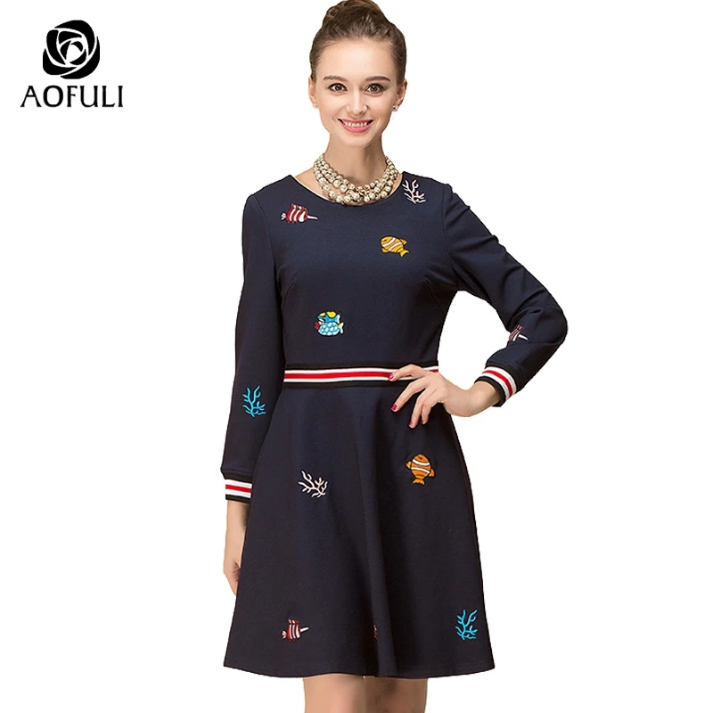 

AOFULI M- Xxxl 4xl 5xl Women Fish Embroidery Classic Dress Winter A-line Slim Dress Plus Size Blue Knee-length Dress B6303