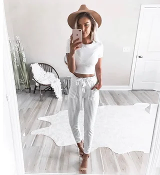 

2018 Women High Waist Elastic Harem Pants Casual Striped Ruffles Sashes Chffion OL Lady Solid Pencil Trouser