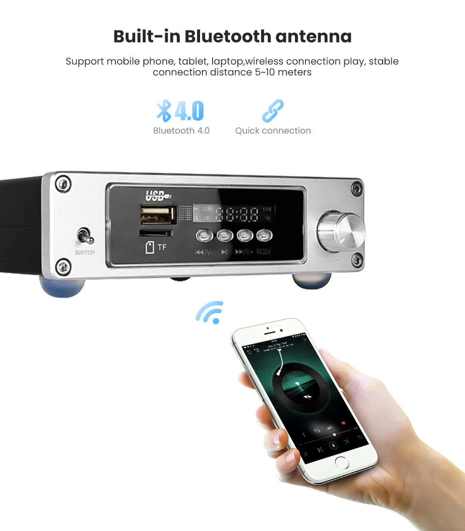 BRZHIFI мини HIFI TPA3116 Bluetooth 4,0 цифровой усилитель мощности стерео аудио TF USB Amp 100 Вт* 2 без потерь Музыкальный плеер декодер