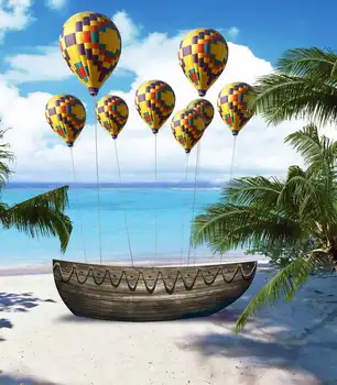 

TR 5ftx7ft Photo Background Wooden Boat Sea Beach Sky Air Balloon Photography Backdrops Studio For Interior Photos Custom Size