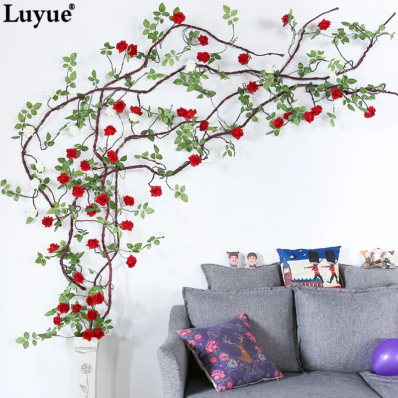 

3 Meter length rose Wedding Artificial Rose Flower Rattan Silk Simulation Flower Tree Vine for Home TV Wall Background Decor
