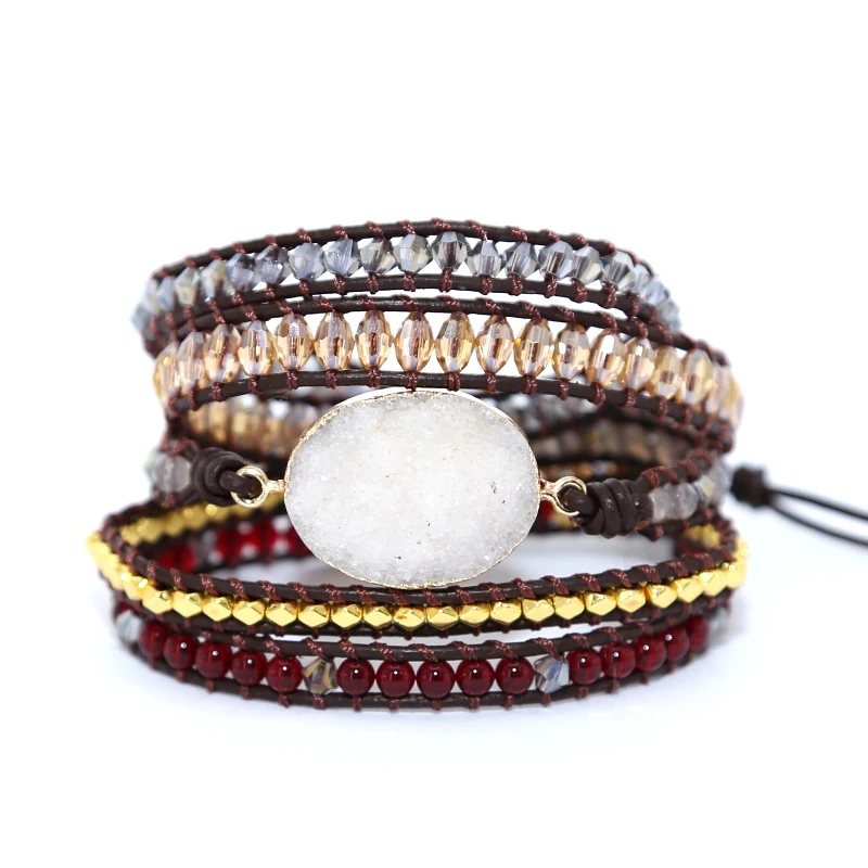 

Women Wrap Bracelet Natural Stones Quartz Charms 5 Strands Bracelets Garnet beads Handmade boho Leather Bracelet Jewelery