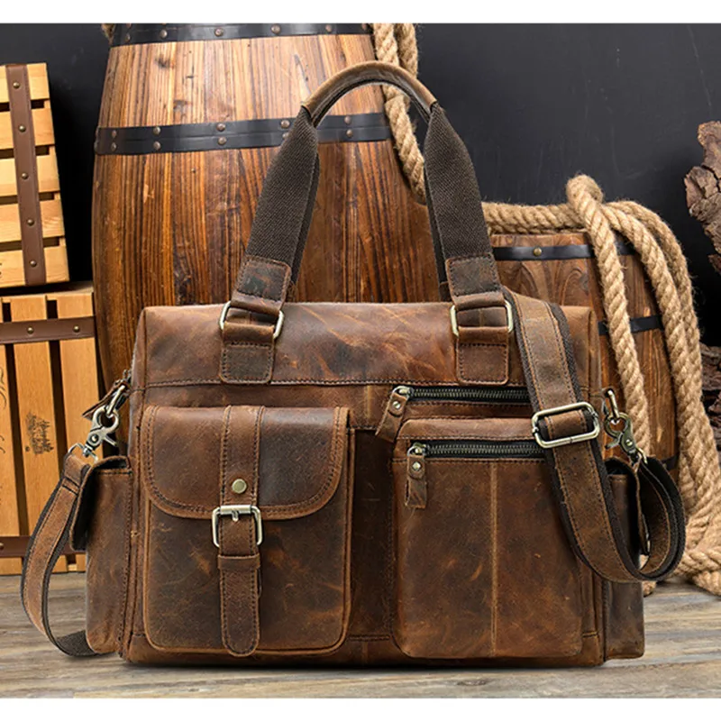 

2019 Vintage Crazy Horse Leather Men Handbags Multi Pockets 15" Laptop Bag Small Short Trip Genuine Leather Men's Travel Bags
