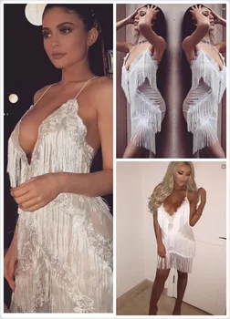

Women Summer Dress Sexy V Neck Tassel Lace Black White Bodycon Bandage dress Fashion Elegant Celebrity Party Dresses