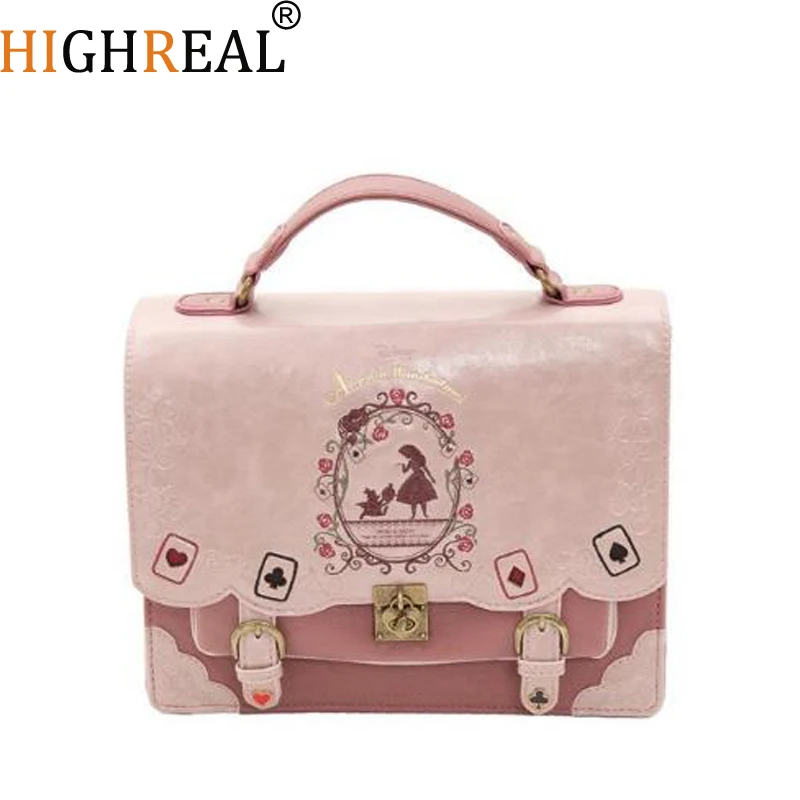 US $29.86 Alice In Wonderland Shoulder Bags Axes Femme Vintage Student Schoolbag Playing Cards Silhouette Handbag Leather Bag J212
