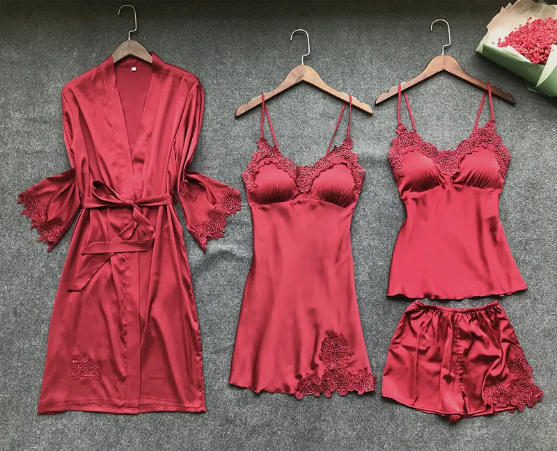 

Fashion Robe Set 4 Pieces Robe+Nightdress+Top+Shorts Silk Satin Bathrobe Set Summer Sleepwear