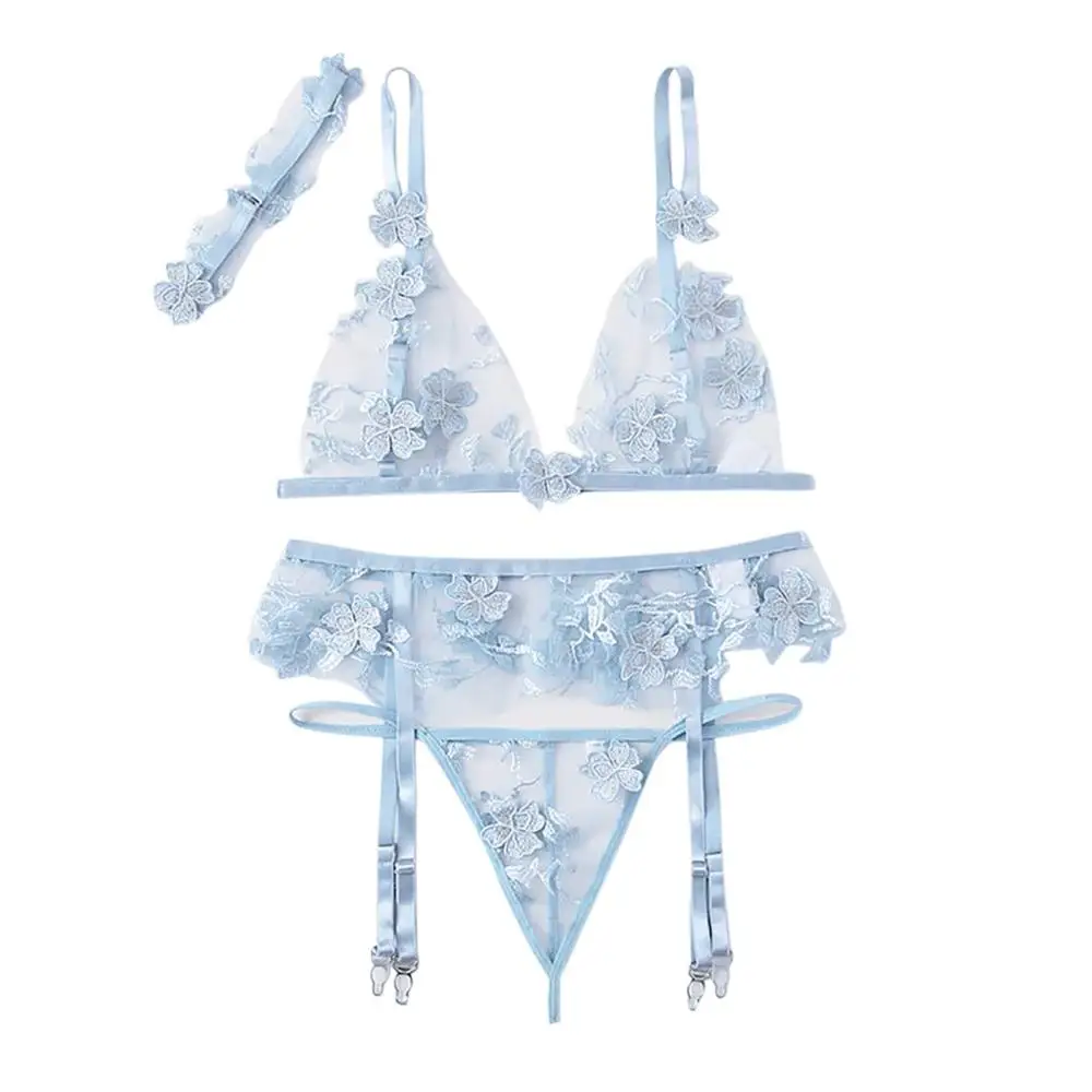 3Pcs Sexy Lingerie Set Women Erotic Floral Lace Bra G-string Garter Porno Sex Babydoll Lenceria Mujer Sexy Underwear Costumes - Color: Light Blue