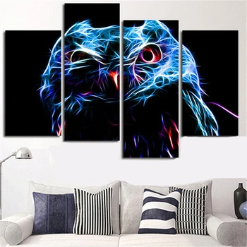 

4 Panels Pop Art Painting Calligraphy Wall Canvas Decorative Picture Animal Fractals Owl Rainbow Color Poster Prints Home Decor