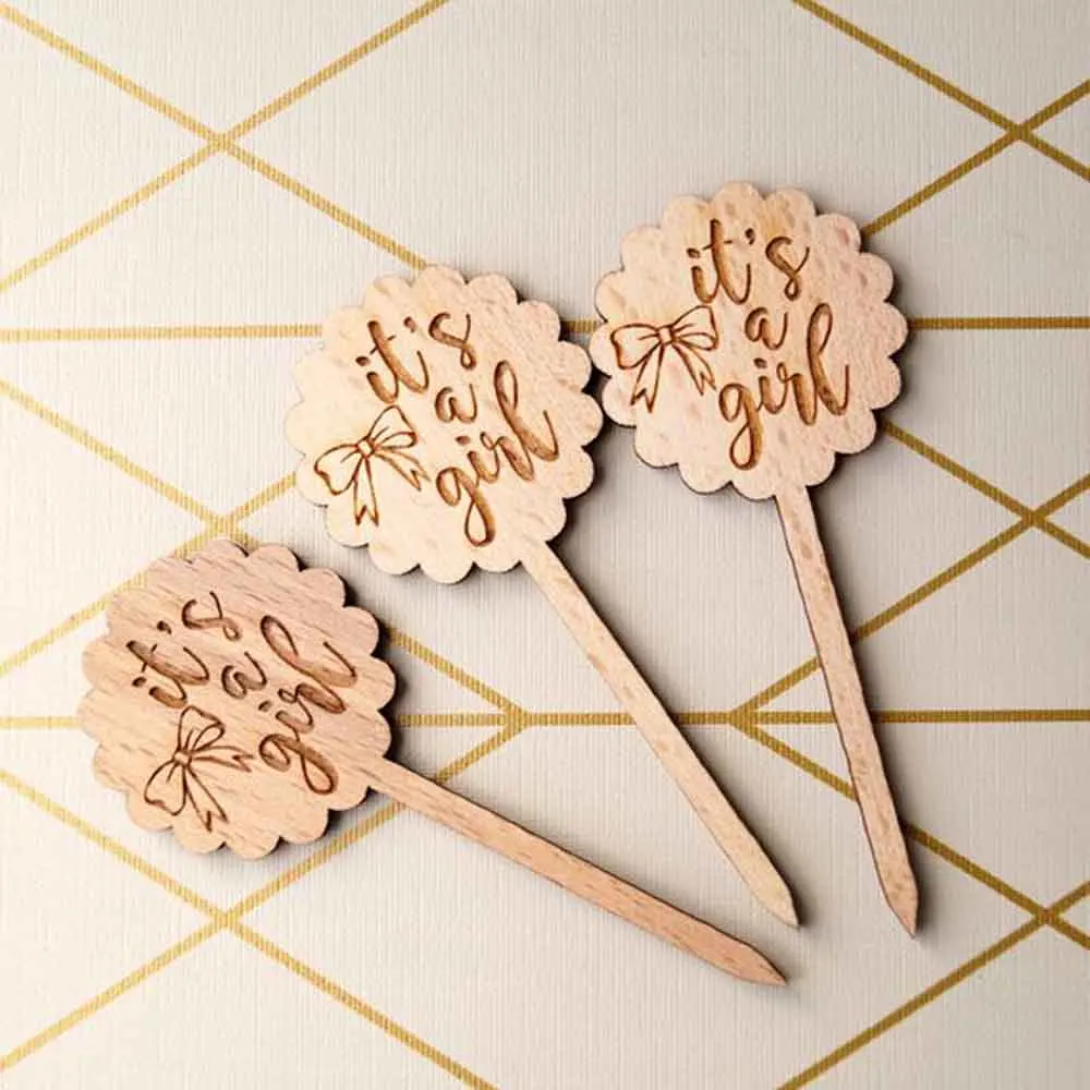 10pcs It's a girl cupcake toppers Baby shower cupcake toppers rustic wooden cupcake picks baby happy birthday party cupcake decor2